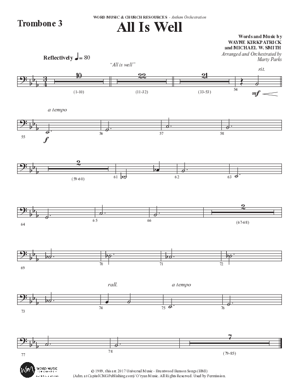 All Is Well (Choral Anthem SATB) Trombone 3 (Word Music Choral / Arr. Marty Parks)