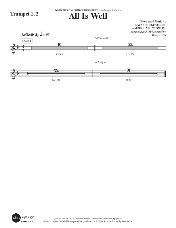 All Is Well (Choral Anthem SATB) Trumpet 1,2 (Word Music Choral / Arr. Marty Parks)
