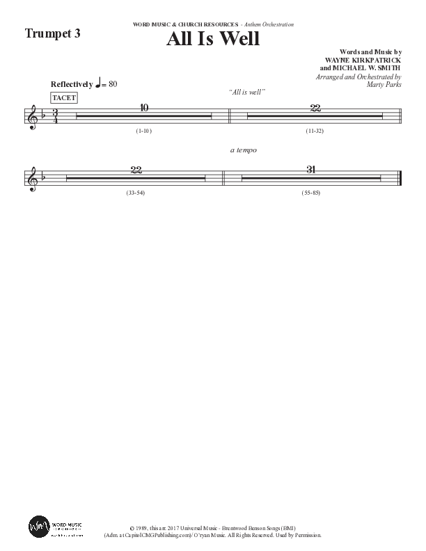 All Is Well (Choral Anthem SATB) Trumpet 3 (Word Music Choral / Arr. Marty Parks)