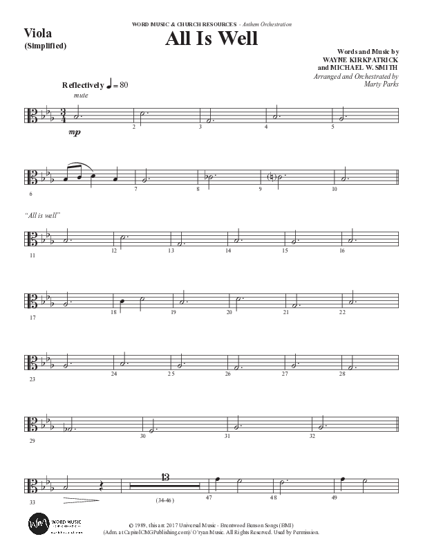 All Is Well (Choral Anthem SATB) Viola (Word Music Choral / Arr. Marty Parks)