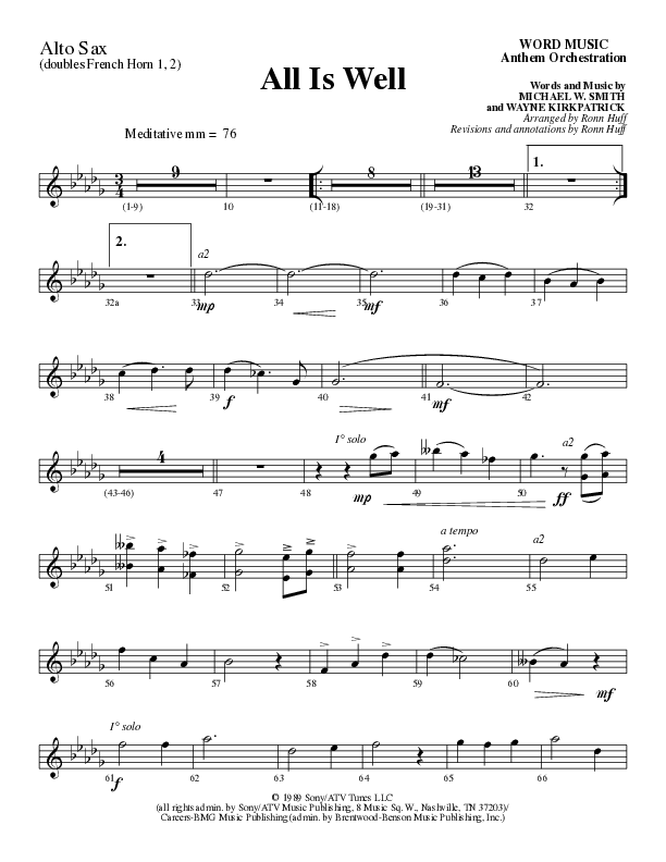 All Is Well (Choral Anthem SATB) Alto Sax (Word Music Choral / Arr. Ronn Huff)