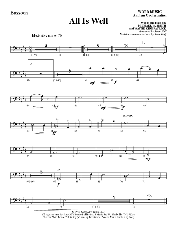 All Is Well (Choral Anthem SATB) Bassoon (Word Music Choral / Arr. Ronn Huff)