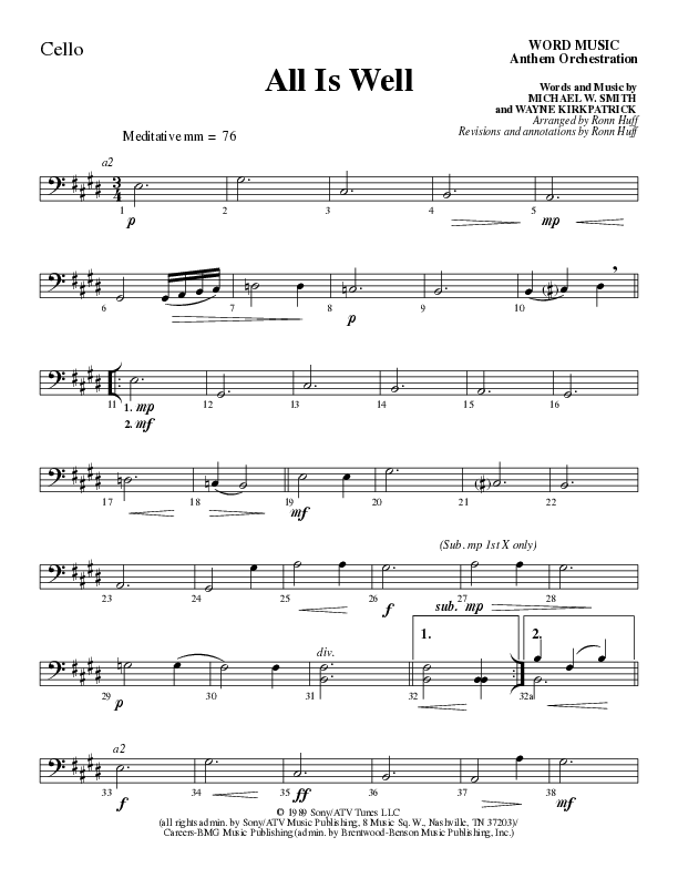 All Is Well (Choral Anthem SATB) Cello (Word Music Choral / Arr. Ronn Huff)