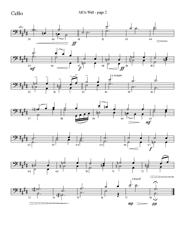 All Is Well (Choral Anthem SATB) Cello (Word Music Choral / Arr. Ronn Huff)