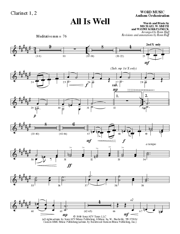 All Is Well (Choral Anthem SATB) Clarinet 1/2 (Word Music Choral / Arr. Ronn Huff)