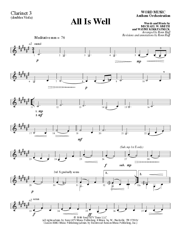 All Is Well (Choral Anthem SATB) Clarinet 3 (Word Music Choral / Arr. Ronn Huff)