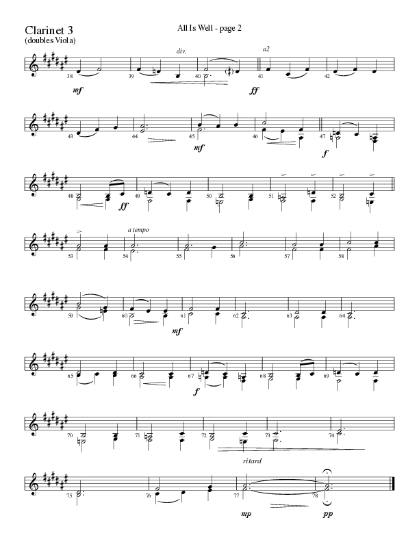 All Is Well (Choral Anthem SATB) Clarinet 3 (Word Music Choral / Arr. Ronn Huff)