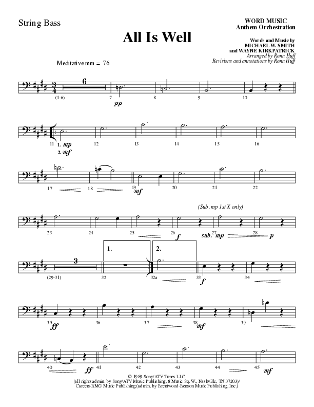 All Is Well (Choral Anthem SATB) Double Bass (Word Music Choral / Arr. Ronn Huff)