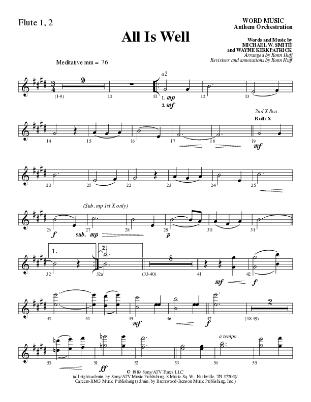 All Is Well (Choral Anthem SATB) Flute 1/2 (Word Music Choral / Arr. Ronn Huff)