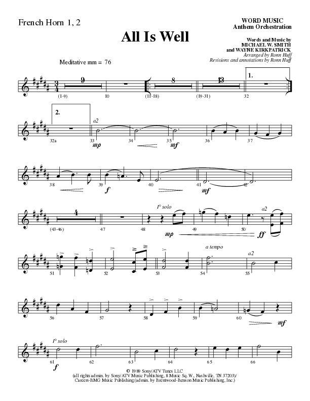 All Is Well (Choral Anthem SATB) French Horn 1/2 (Word Music Choral / Arr. Ronn Huff)
