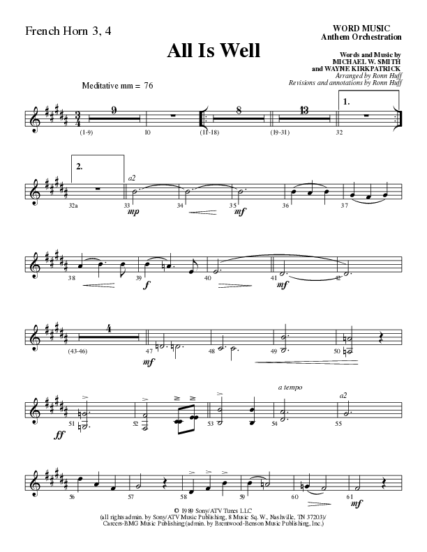 All Is Well (Choral Anthem SATB) French Horn 3 (Word Music Choral / Arr. Ronn Huff)