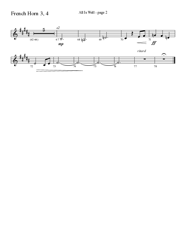 All Is Well (Choral Anthem SATB) French Horn 3 (Word Music Choral / Arr. Ronn Huff)