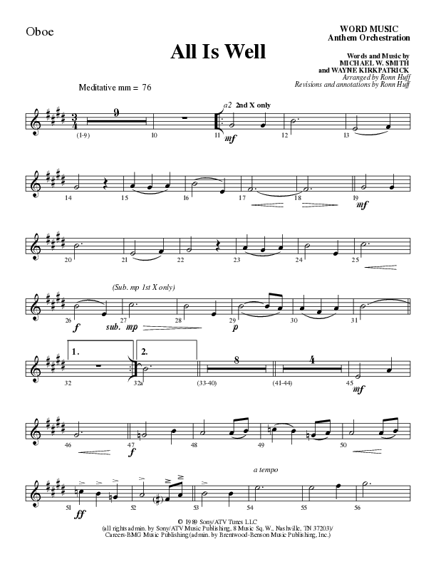 All Is Well (Choral Anthem SATB) Oboe (Word Music Choral / Arr. Ronn Huff)