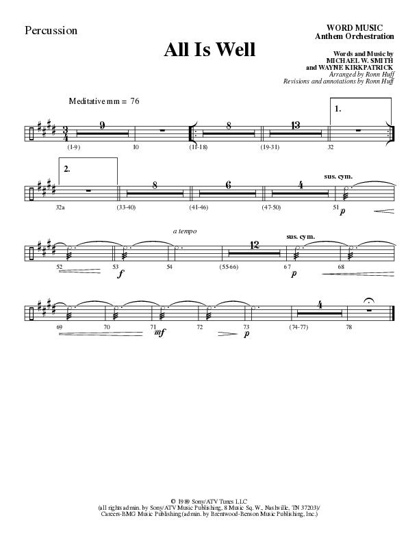All Is Well (Choral Anthem SATB) Percussion (Word Music Choral / Arr. Ronn Huff)