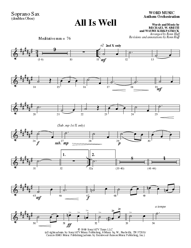 All Is Well (Choral Anthem SATB) Soprano Sax (Word Music Choral / Arr. Ronn Huff)