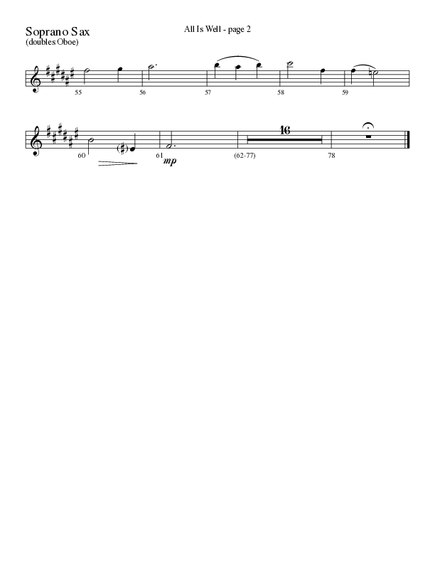 All Is Well (Choral Anthem SATB) Soprano Sax (Word Music Choral / Arr. Ronn Huff)