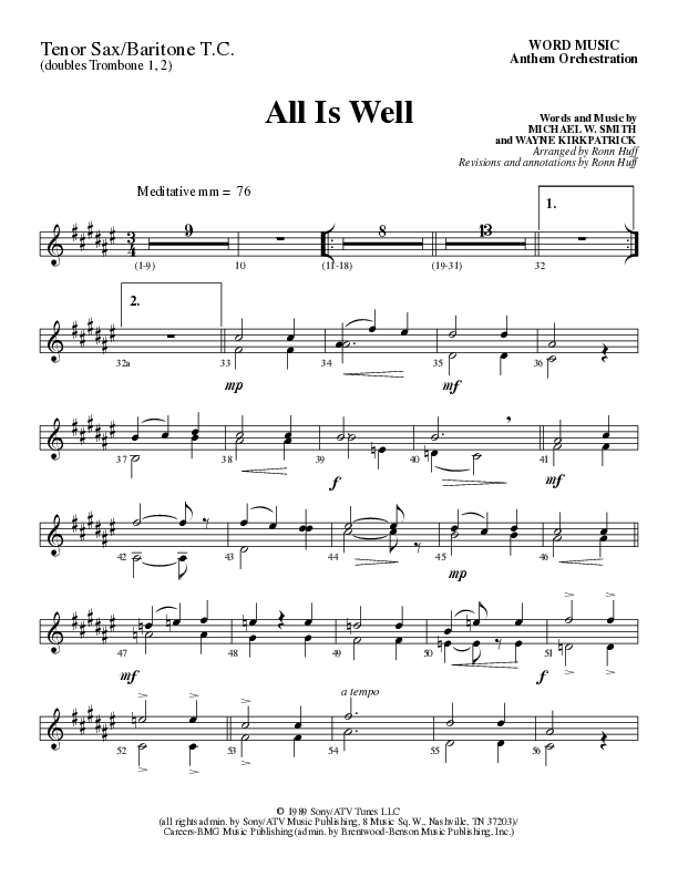 All Is Well (Choral Anthem SATB) Tenor Sax/Baritone T.C. (Word Music Choral / Arr. Ronn Huff)
