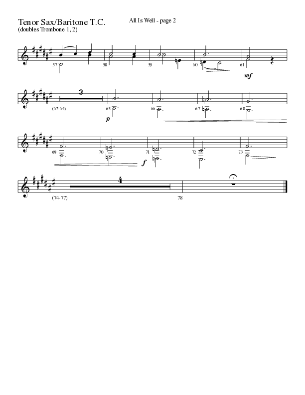 All Is Well (Choral Anthem SATB) Tenor Sax/Baritone T.C. (Word Music Choral / Arr. Ronn Huff)