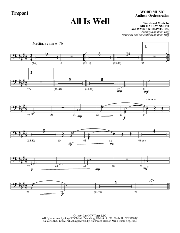 All Is Well (Choral Anthem SATB) Timpani (Word Music Choral / Arr. Ronn Huff)