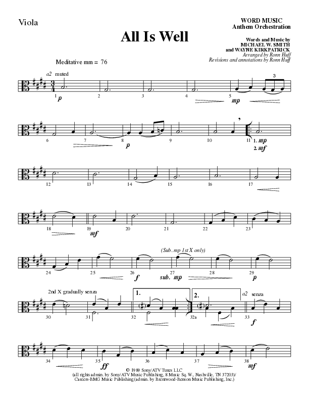 All Is Well (Choral Anthem SATB) Viola (Word Music Choral / Arr. Ronn Huff)
