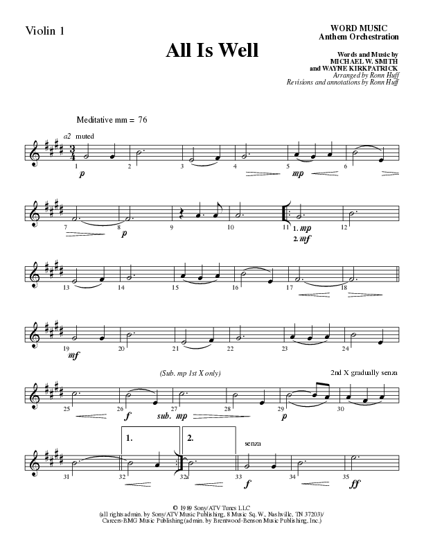 All Is Well (Choral Anthem SATB) Violin 1 (Word Music Choral / Arr. Ronn Huff)
