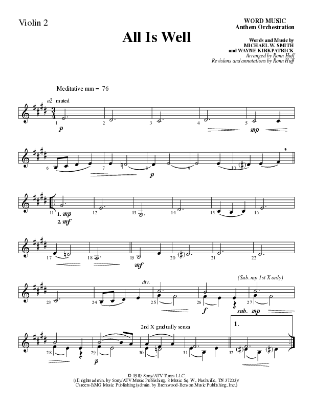 All Is Well (Choral Anthem SATB) Violin 2 (Word Music Choral / Arr. Ronn Huff)