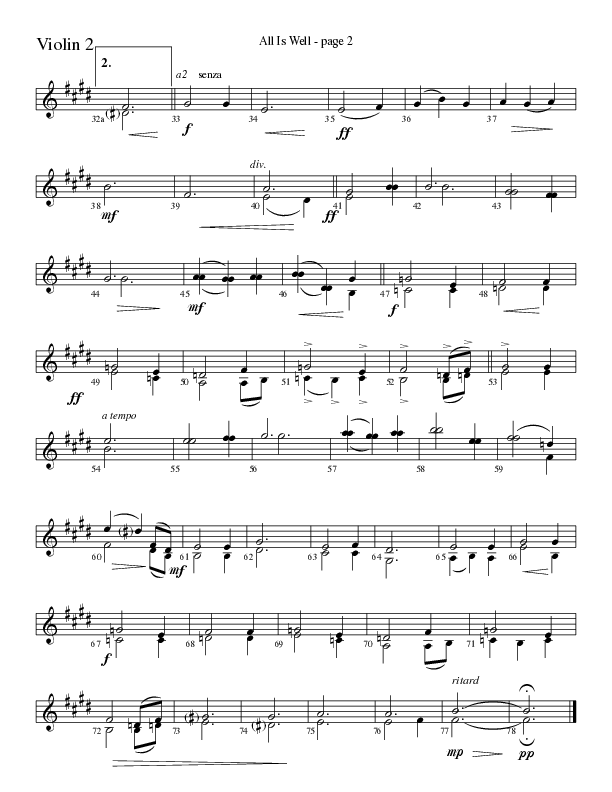 All Is Well (Choral Anthem SATB) Violin 2 (Word Music Choral / Arr. Ronn Huff)
