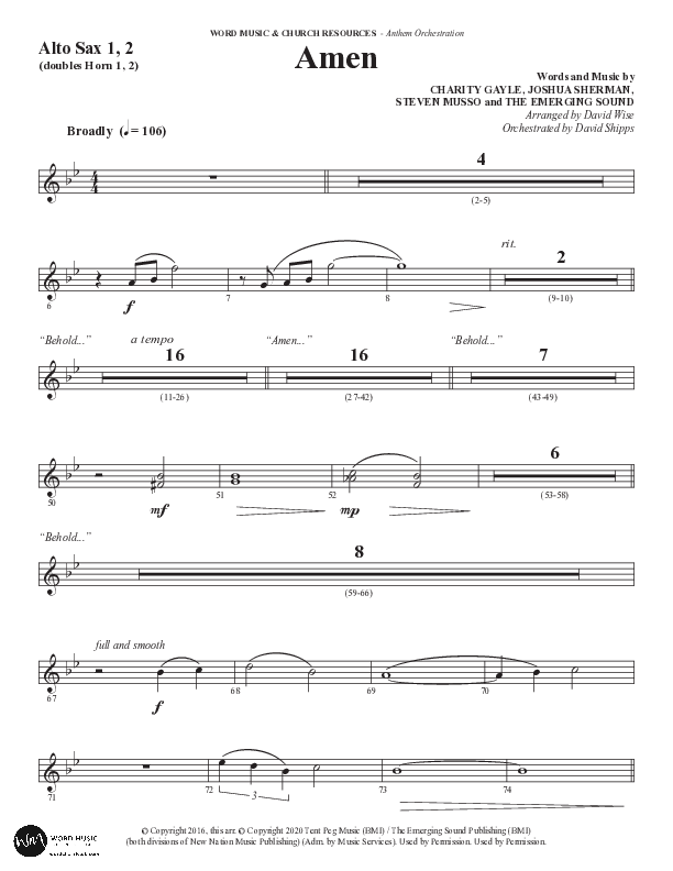 Amen (Choral Anthem SATB) Alto Sax 1/2 (Word Music Choral / Arr. David Wise / Orch. David Shipps)