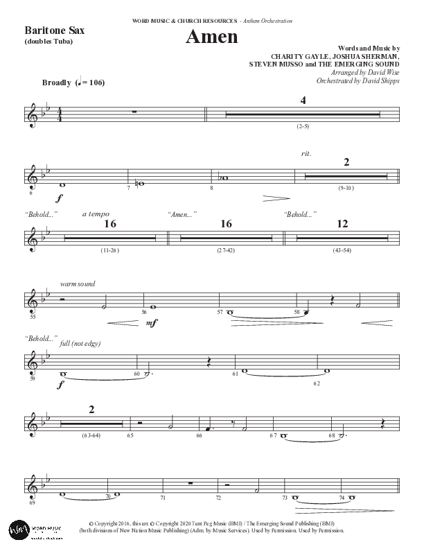 Amen (Choral Anthem SATB) Bari Sax (Word Music Choral / Arr. David Wise / Orch. David Shipps)