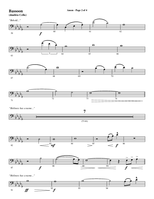Amen (Choral Anthem SATB) Bassoon (Word Music Choral / Arr. David Wise / Orch. David Shipps)