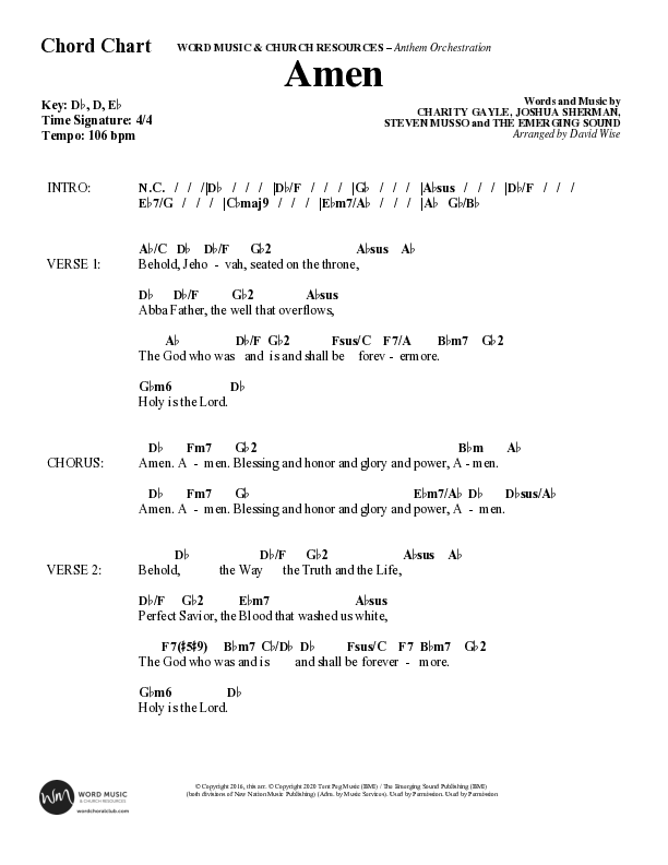Amen (Choral Anthem SATB) Chord Chart (Word Music Choral / Arr. David Wise / Orch. David Shipps)