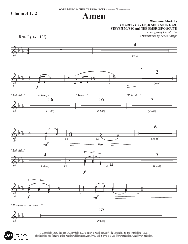 Amen (Choral Anthem SATB) Clarinet 1/2 (Word Music Choral / Arr. David Wise / Orch. David Shipps)