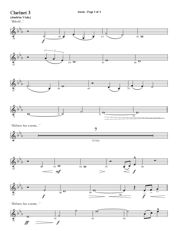 Amen (Choral Anthem SATB) Clarinet 3 (Word Music Choral / Arr. David Wise / Orch. David Shipps)