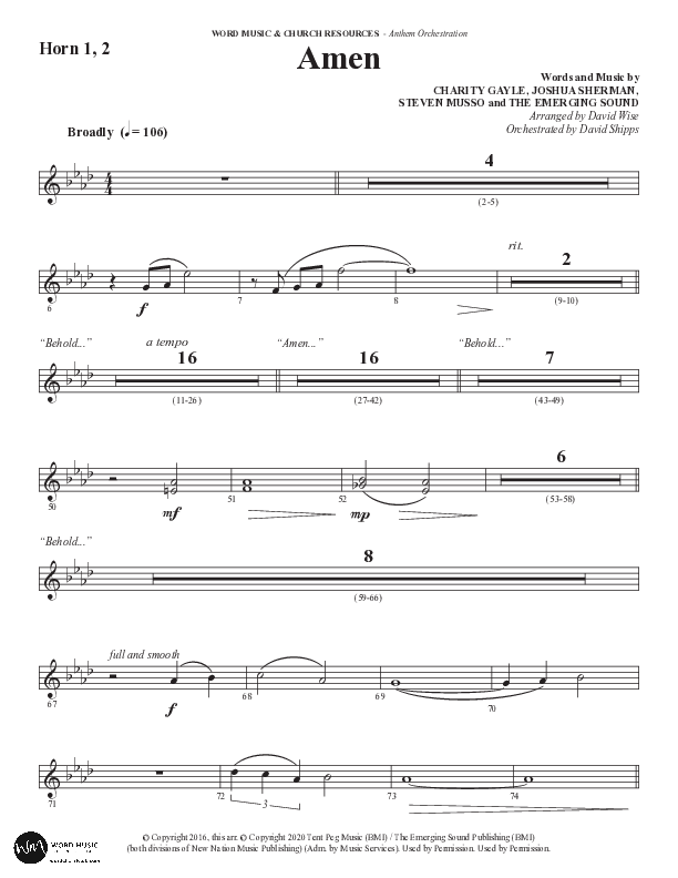 Amen (Choral Anthem SATB) French Horn 1/2 (Word Music Choral / Arr. David Wise / Orch. David Shipps)