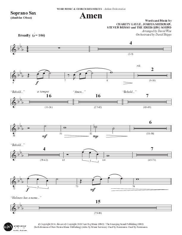 Amen (Choral Anthem SATB) Soprano Sax (Word Music Choral / Arr. David Wise / Orch. David Shipps)