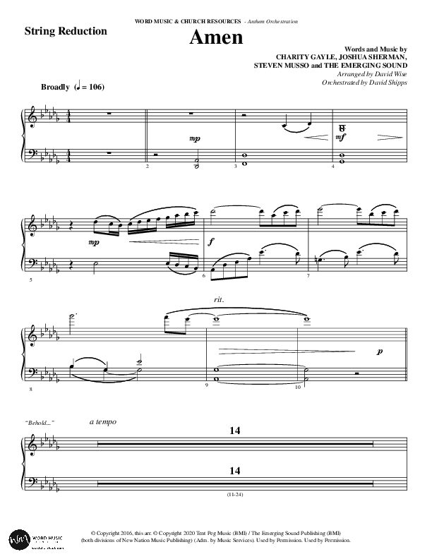 Amen (Choral Anthem SATB) String Reduction (Word Music Choral / Arr. David Wise / Orch. David Shipps)