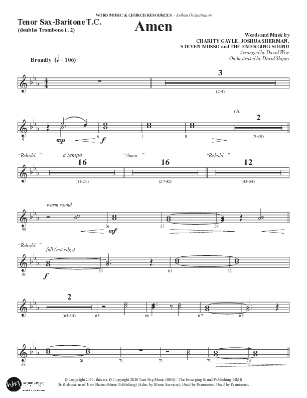 Amen (Choral Anthem SATB) Tenor Sax/Baritone T.C. (Word Music Choral / Arr. David Wise / Orch. David Shipps)