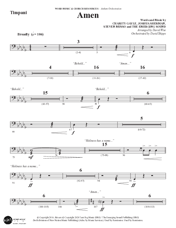 Amen (Choral Anthem SATB) Timpani (Word Music Choral / Arr. David Wise / Orch. David Shipps)