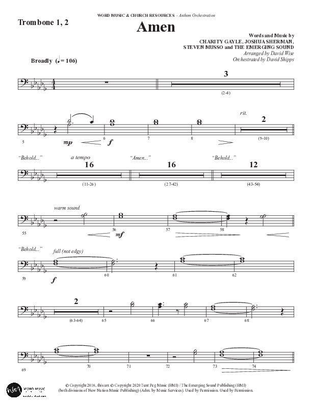 Amen (Choral Anthem SATB) Trombone 1/2 (Word Music Choral / Arr. David Wise / Orch. David Shipps)