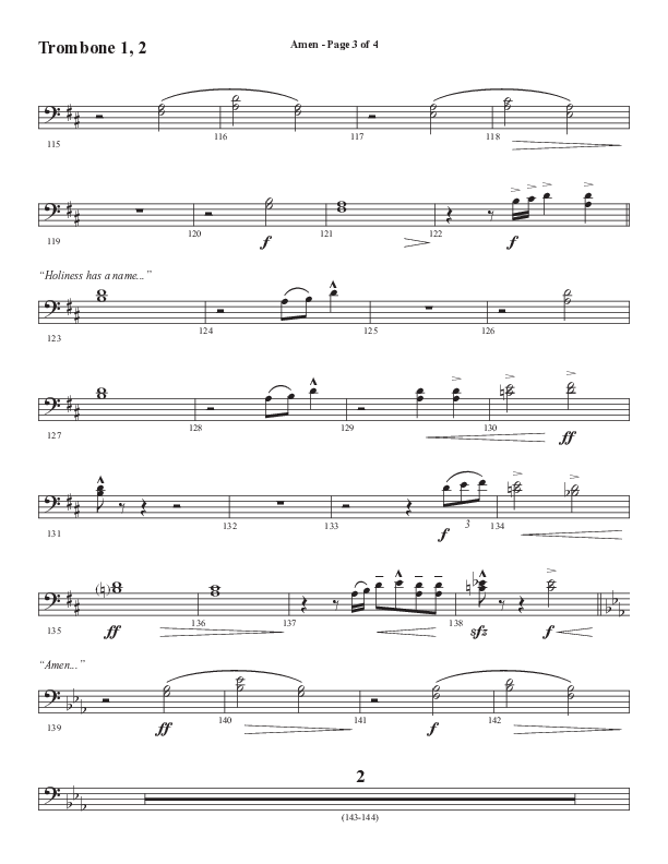 Amen (Choral Anthem SATB) Trombone 1/2 (Word Music Choral / Arr. David Wise / Orch. David Shipps)