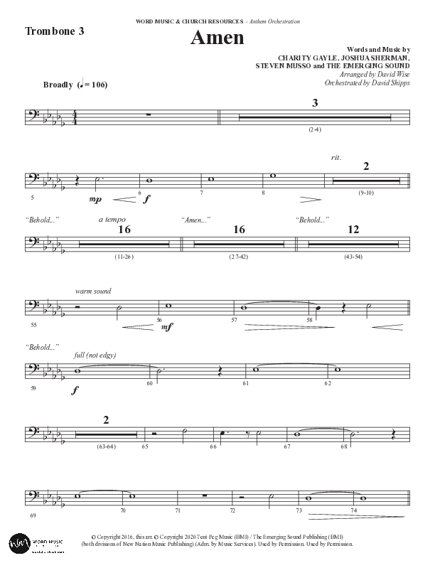 Amen (Choral Anthem SATB) Trombone 3 (Word Music Choral / Arr. David Wise / Orch. David Shipps)