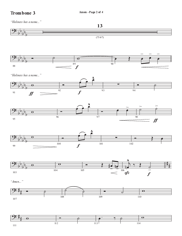 Amen (Choral Anthem SATB) Trombone 3 (Word Music Choral / Arr. David Wise / Orch. David Shipps)