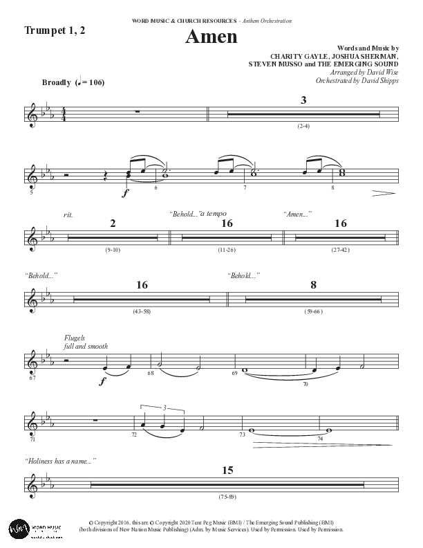 Amen (Choral Anthem SATB) Trumpet 1,2 (Word Music Choral / Arr. David Wise / Orch. David Shipps)