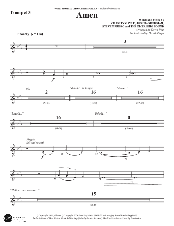 Amen (Choral Anthem SATB) Trumpet 3 (Word Music Choral / Arr. David Wise / Orch. David Shipps)