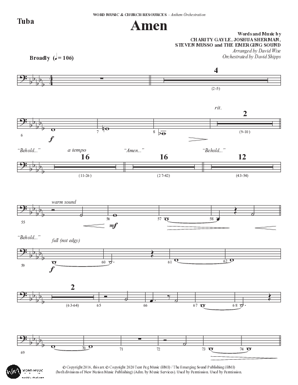 Amen (Choral Anthem SATB) Tuba (Word Music Choral / Arr. David Wise / Orch. David Shipps)