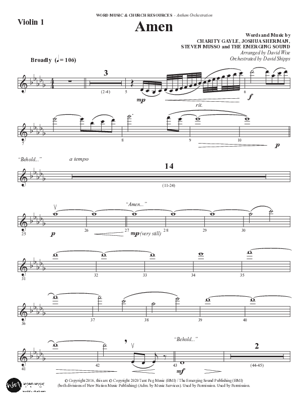 Amen (Choral Anthem SATB) Violin 1 (Word Music Choral / Arr. David Wise / Orch. David Shipps)