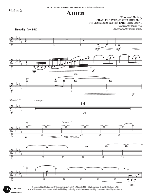 Amen (Choral Anthem SATB) Violin 2 (Word Music Choral / Arr. David Wise / Orch. David Shipps)