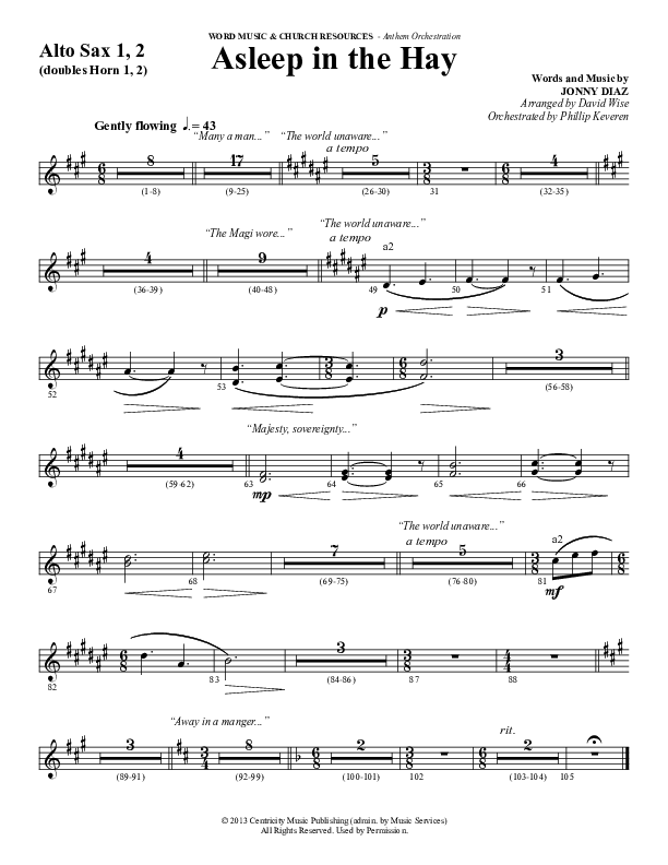 Asleep In The Hay (Choral Anthem SATB) Alto Sax 1/2 (Word Music Choral / Arr. David Wise)