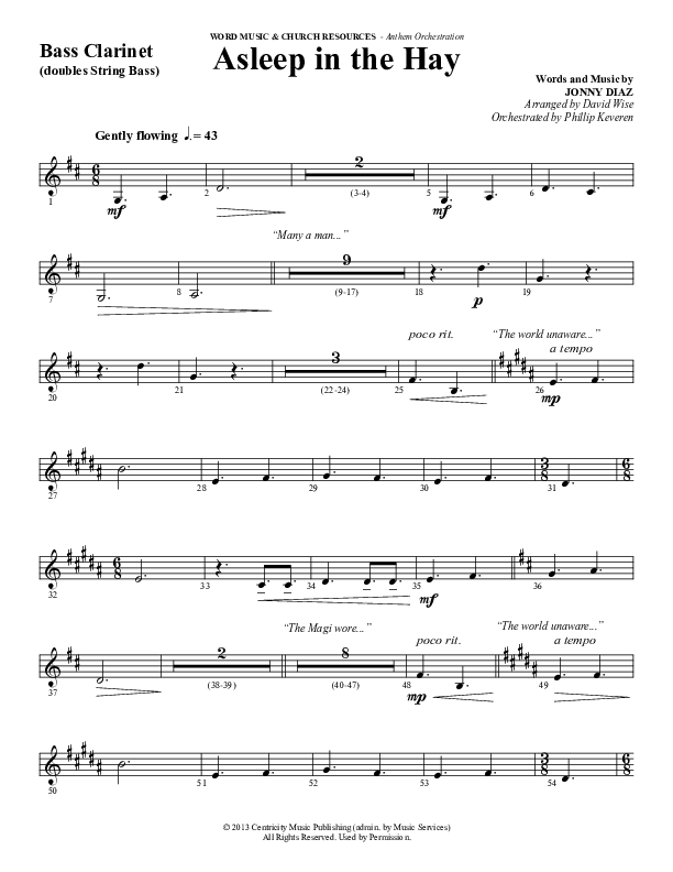 Asleep In The Hay (Choral Anthem SATB) Bass Clarinet (Word Music Choral / Arr. David Wise)