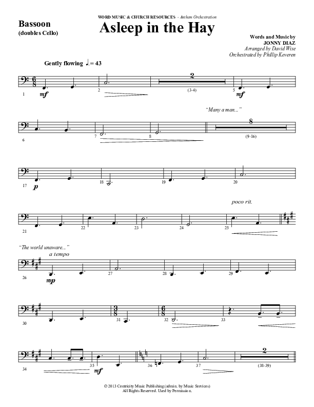 Asleep In The Hay (Choral Anthem SATB) Bassoon (Word Music Choral / Arr. David Wise)
